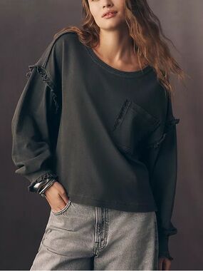 Pilcro Après Long Sleeve Charcoal Ruffled Cotton Tee Size M New!